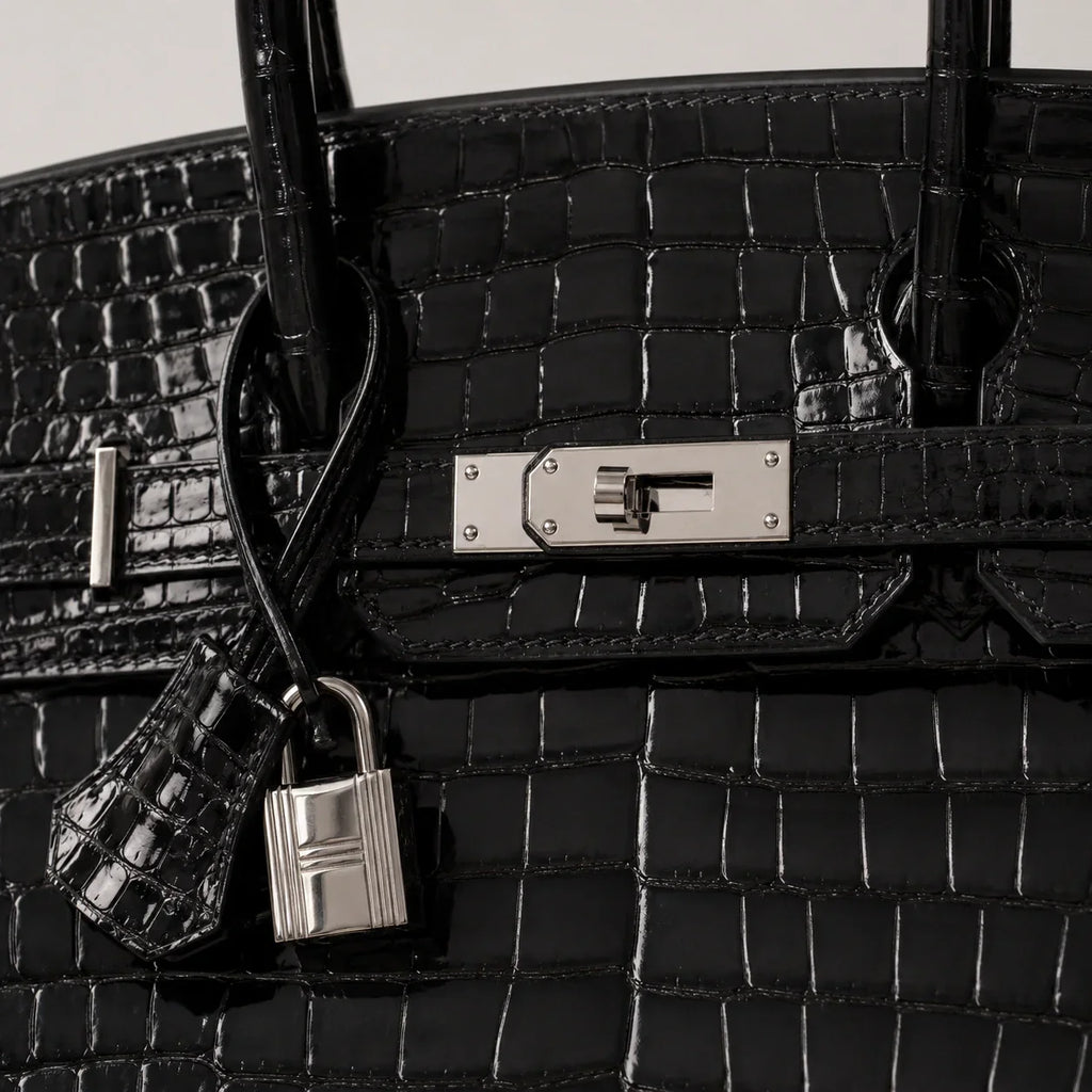 Hermès Birkin 30 Croco Porosus Noir Palladium — Henkel und Trageriemen | Luren Authentisch